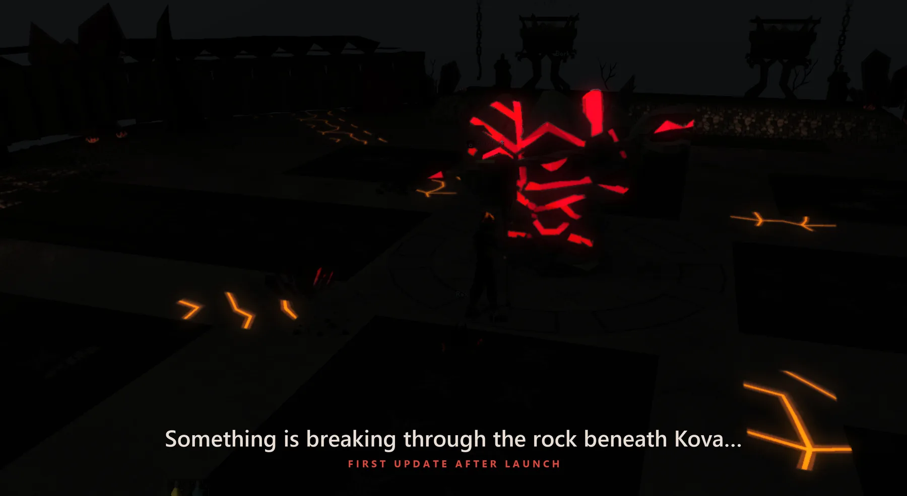 Teaser: a dark cave lit only by glowing red crystal cracks. Something is breaking through the rock beneath Kova. First update after launch.